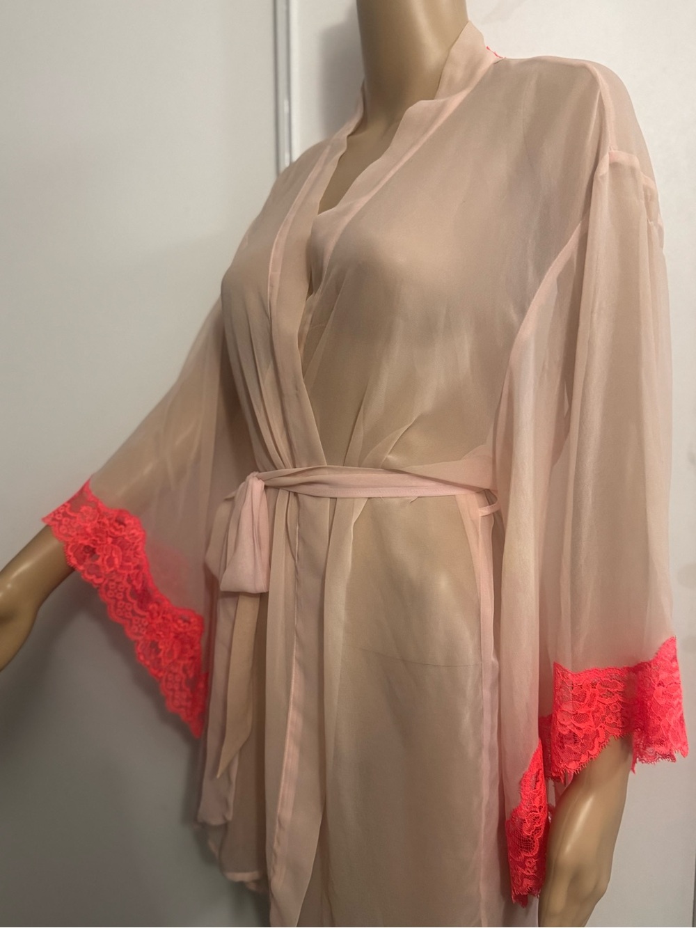 Pale Pink Sheer Robe with Neon Pink Lace Cuffs